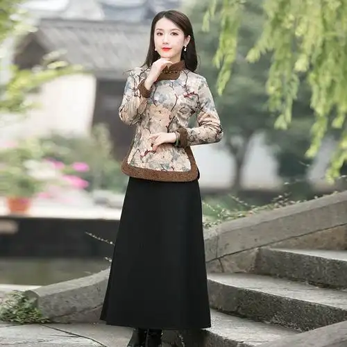 加厚旗袍上衣中式女中国风冬装保暖复古盘扣民国风女装如意风唐装