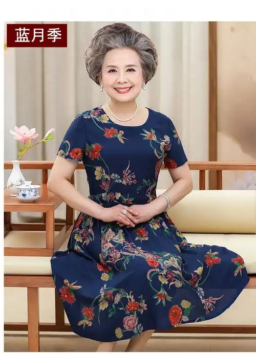 奶奶装夏装长裙子中老年人女装60岁70妈妈老人棉绸短袖夏季连衣裙蓝花