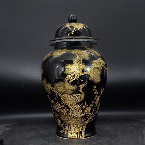 清康熙乌金釉描金松鹤大罐茶叶罐大容量古董老货仿古瓷器复古摆件