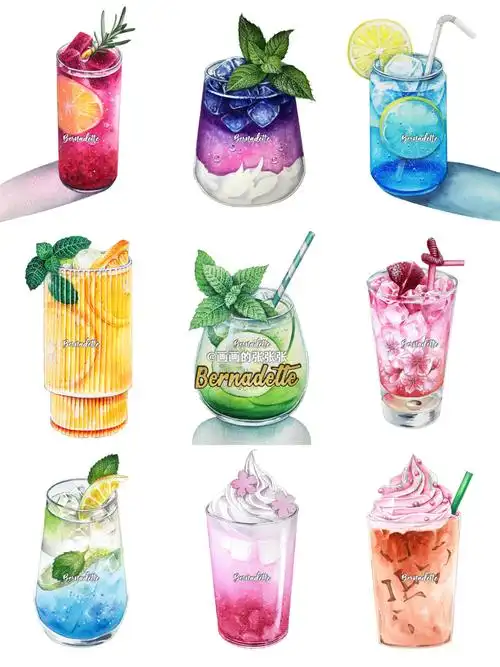 原创水彩美食插画夏天饮料合集附线稿