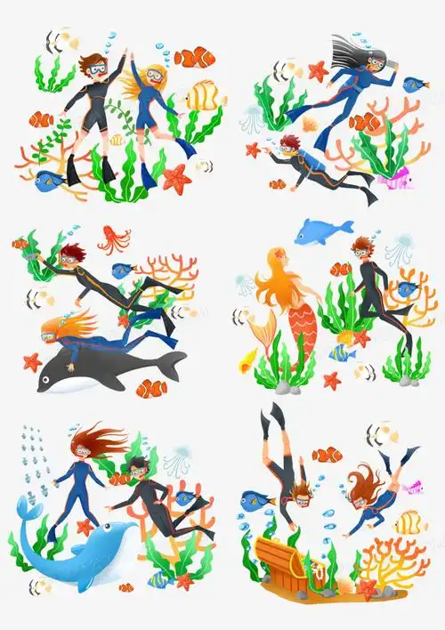一组手绘创意风海底世界插画合集素材