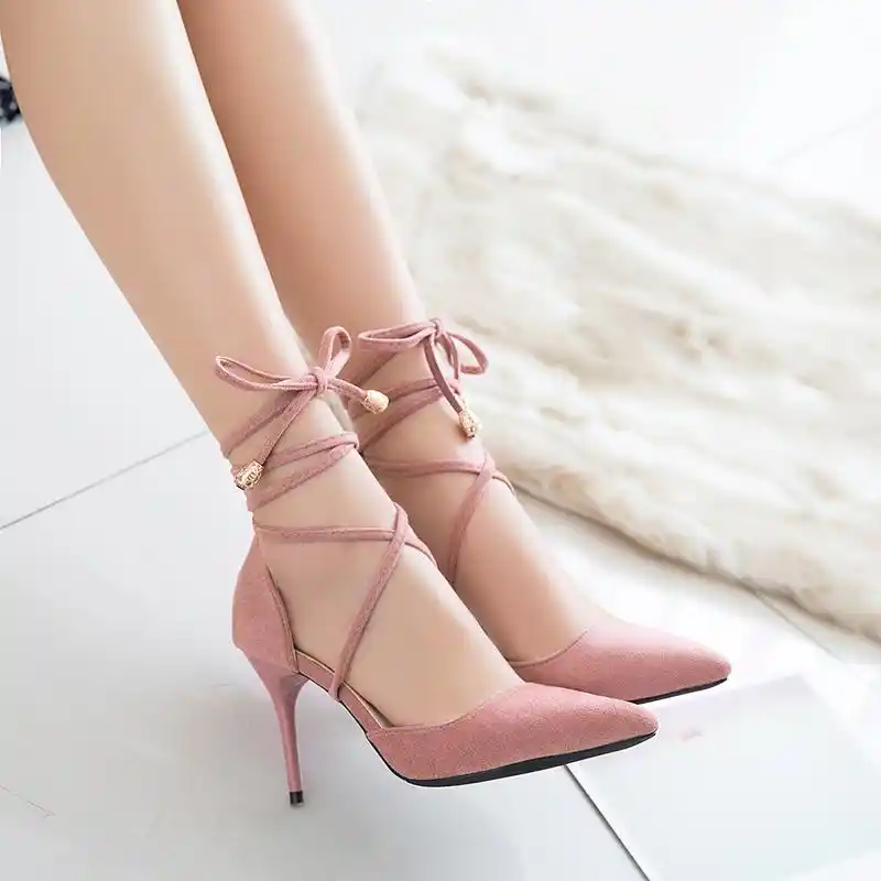 2019春款仙女风尖头系带高跟鞋性感细跟交叉绑带单鞋浅口气质女鞋