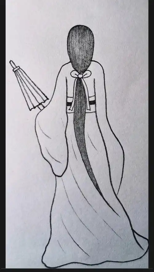 古风拿伞的古装女子背影简笔画