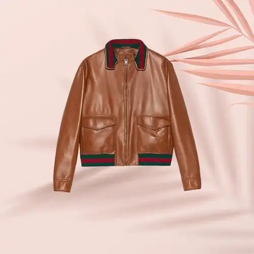 古驰(gucci)男装皮衣浅棕色柔软纳帕皮夹克经典魅力时尚 46【图片