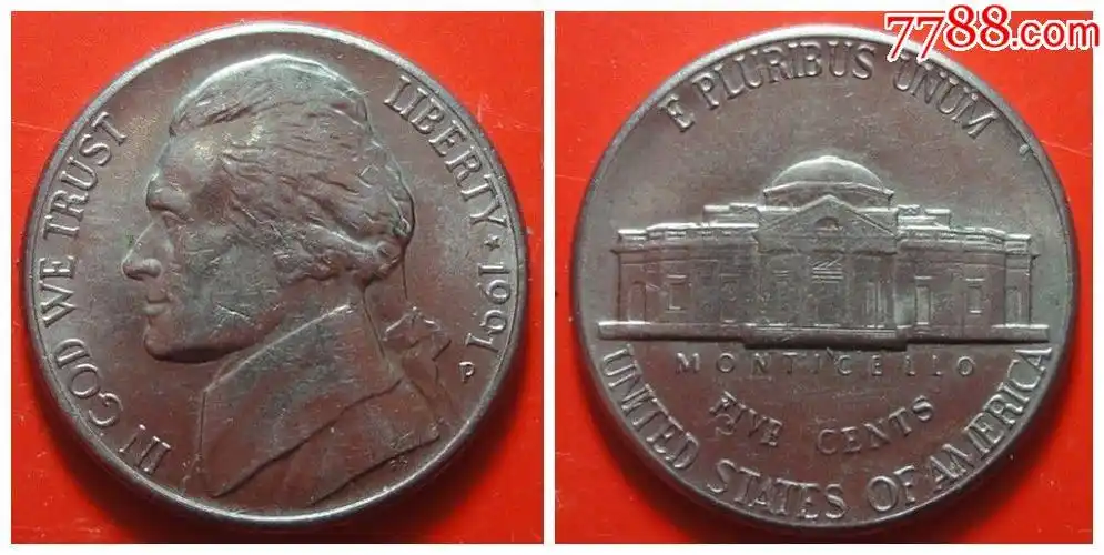 美国硬币5美分元杰弗逊总统头像和杰弗逊纪念堂1991年保真
