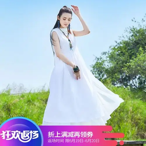 杨丽萍设计2018复古原创民族风拼接棉麻植绒a字裙连衣裙长裙女仙