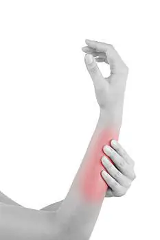 前臂,肌肉劳损,肌肉,女性,手,接触,突显,痛苦,区域,隔绝,白色背景