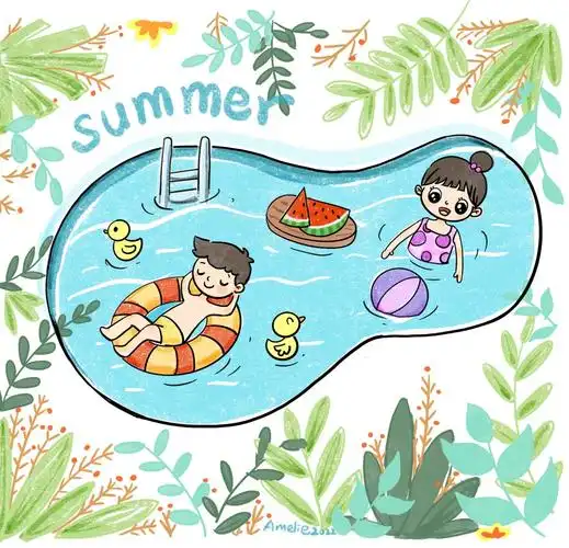 夏天主题画游泳儿童画一起来玩水