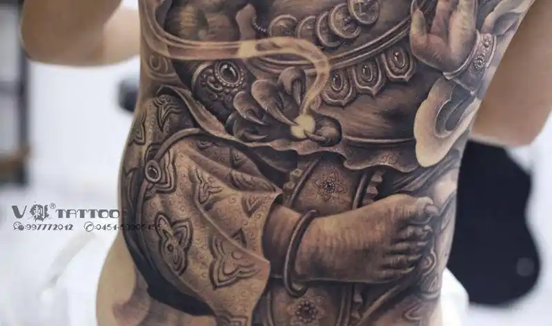 大象神纹身图片背部老传统欧美写实象神招财满背象神纹身图案