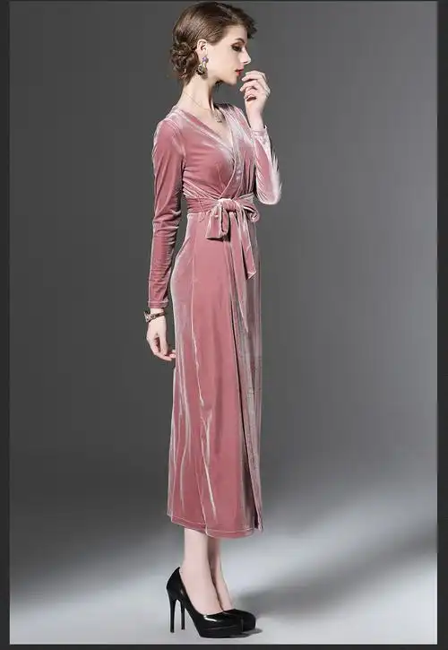 仿金丝绒长袖长款过膝连衣裙女春秋冬季新款长裙子高贵夫人高端洋气