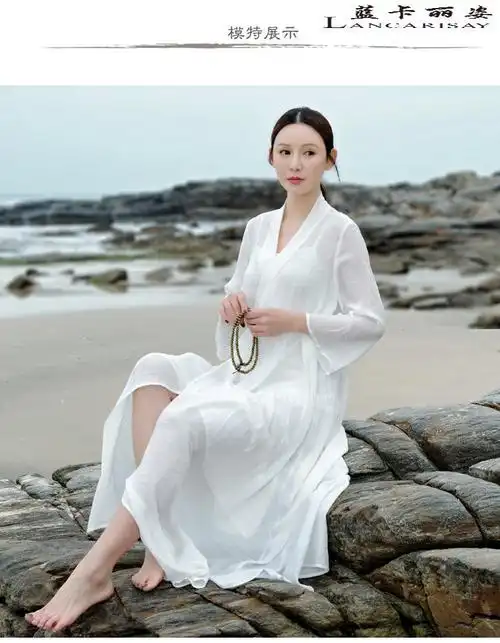 新品禅服佛系女棉麻春夏中式装改良汉服白色中长裙禅意茶服连衣裙禅舞
