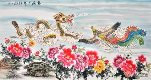 新婚贺礼 易水六尺横幅写意花鸟画《龙凤呈祥》
