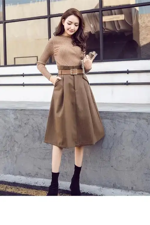 直筒a字裙春秋新款日常轻熟风高定设计感流行中长款毛呢半身裙 咖啡色