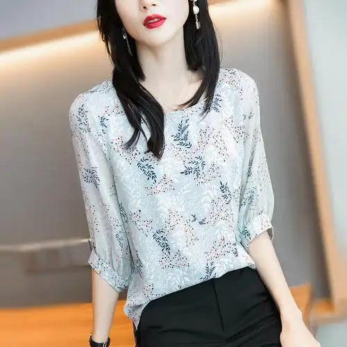 方领短袖女夏季t恤设计感小众中袖高端上衣薄款雪纺洋气小衫时尚