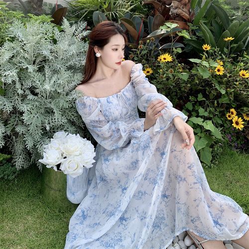 摩舍沙滩裙度假法式碎雪纺花连衣裙夏季新款气质收腰长裙宽松仙女裙