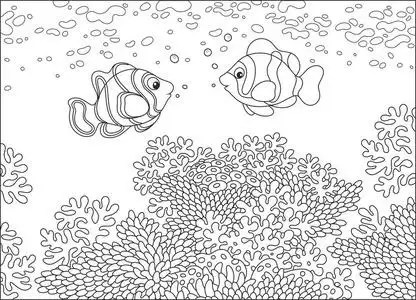 珊瑚礁上游动的有趣鱼类的黑白矢量图大厨枸杞人物卡通矢量插画[动]龟