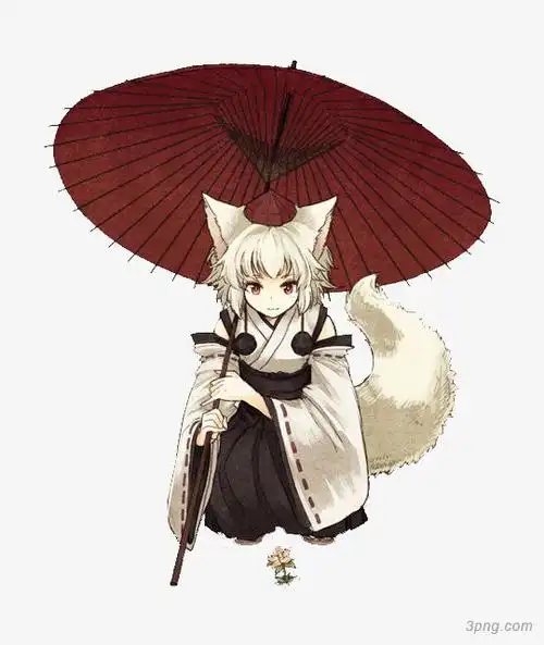 打着红伞蹲着看花动漫狐狸女孩