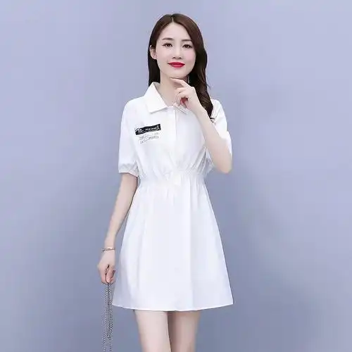 小个子时尚 休闲白色衬衫 连衣裙女夏装 学院风初恋减龄气质运动裙子