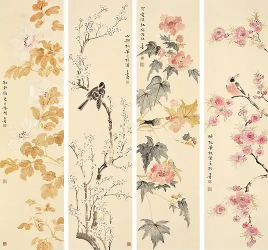 0314 花鸟 四条屏镜框 设色纸本