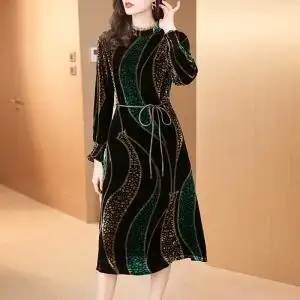 欧洲站秋冬季金丝绒长袖遮腹连衣裙女春秋新款高端减龄洋气中长款