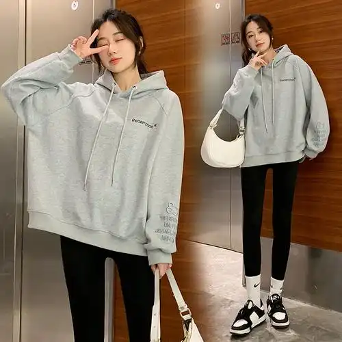 灰色连帽卫衣女秋冬加绒加厚韩版宽松慵懒风oversize外套潮流帽衫图片