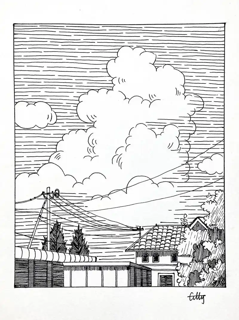 黑白风景钢笔画(68)|小镇上的云7815.#钢笔画 #风景画  - 抖音