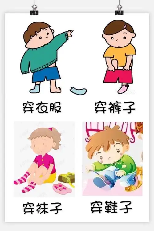 自理能力有四组:穿衣服,穿裤子,穿袜子,穿鞋子.