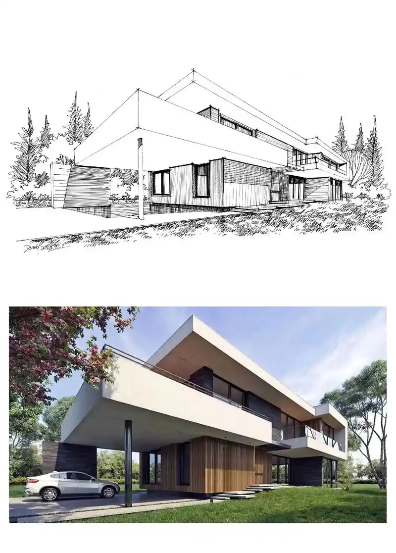 两点透视建筑效果图手绘步骤图.#建筑手绘 #手绘 #画画 # - 抖音