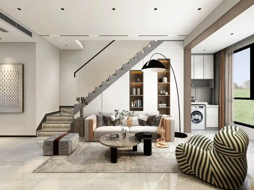 现代简约复式无主灯设计,高颜值实用楼梯柜兼沙发墙,满墙电视柜 - 抖