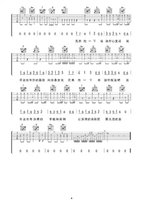 《兄弟抱一下》吉他谱六线谱-庞龙