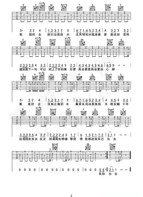 可惜我是水瓶座(吉他六线谱)简谱歌词