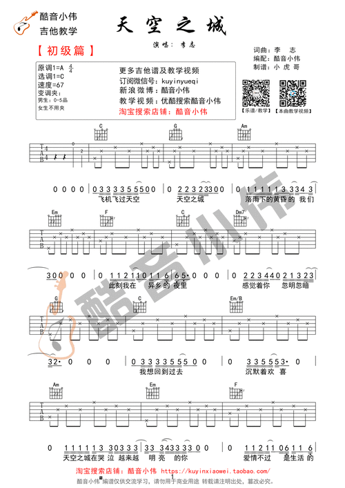 【酷音小伟】《天空之城》李志 初学简单版吉他谱