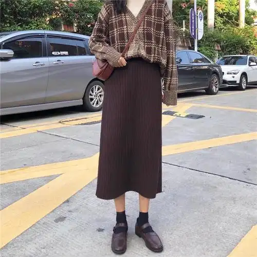 半身裙女秋冬新款中长款毛线不开叉百褶裙黑色百搭a字裙显瘦 咖啡色