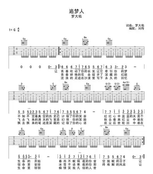 追梦人吉他谱罗大佑凤飞飞g调弹唱谱