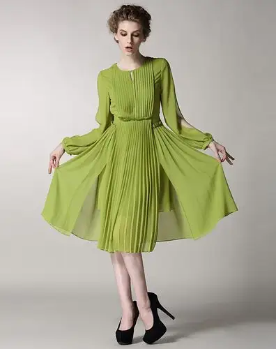 浅绿色长袖雪纺修身ol连衣裙