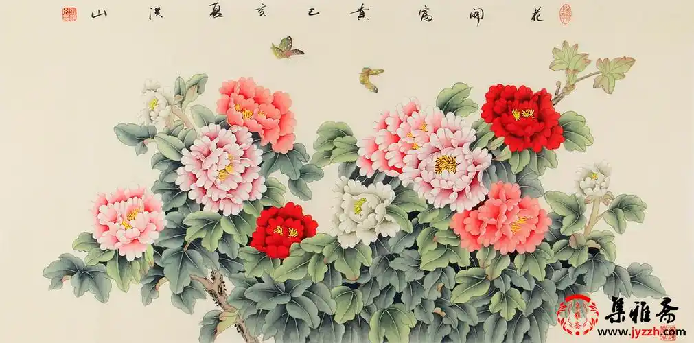 国画牡丹 张洪山四尺横幅工笔牡丹图《花开富贵》