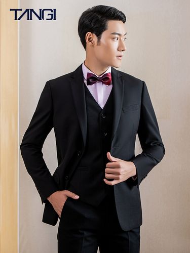 棠吉男装秋季蓝色服人字纹西装务正修身结婚礼服西服