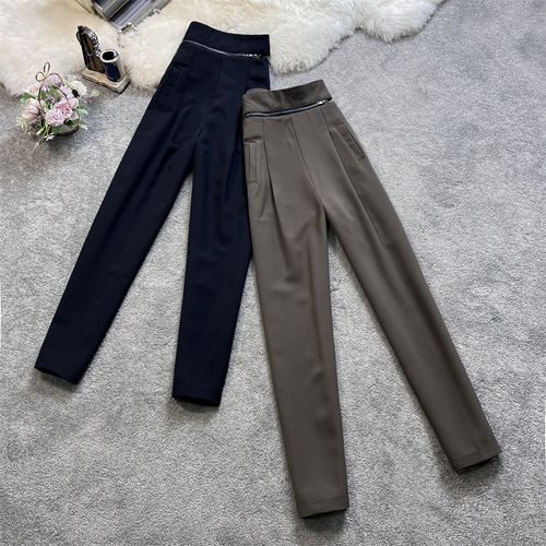 2022夏新款时尚西裤休闲萝卜裤垂感高腰显瘦拉链直筒哈伦裤女6585