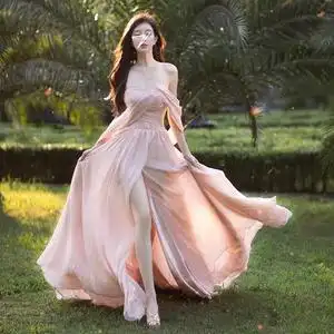 甜美温柔风抹胸雪纺开叉长裙22夏新款优雅浪漫礼服纱裙仙女连衣裙