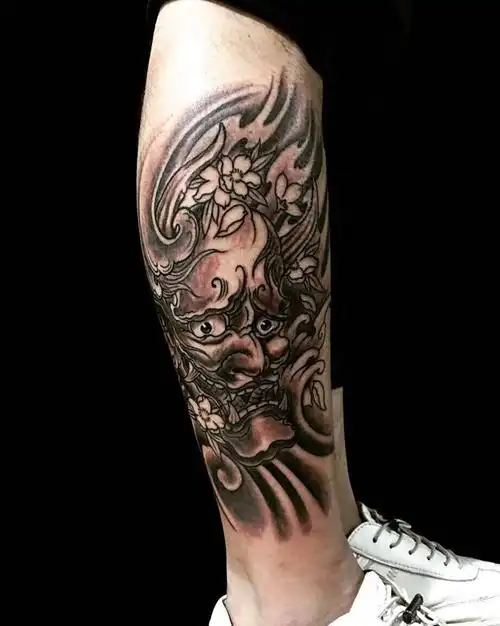 小腿外侧般若纹身图片_成品腿部传统鬼神般若纹身图案