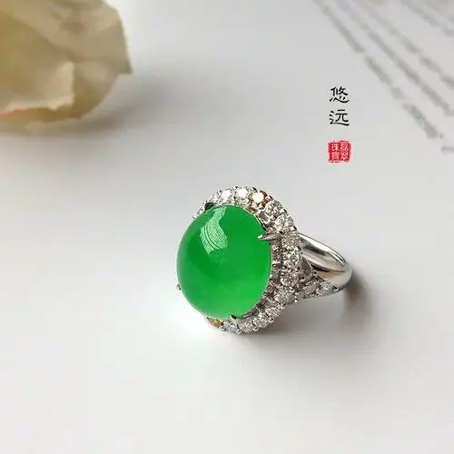 包邮 冰种翡翠戒指玻璃种满阳绿蛋面玉指环18k金镶嵌缅甸a货 磊翠_7折