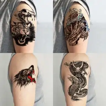 半臂纹身贴防水男图腾仿真逼真花臂小手臂狼头麒麟火焰龙刺青4张z010