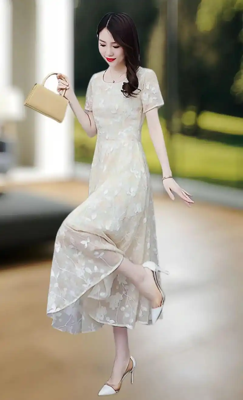 高档真丝刺绣连衣裙女款爆款,新款夏季长款收腰气质仙女长裙子