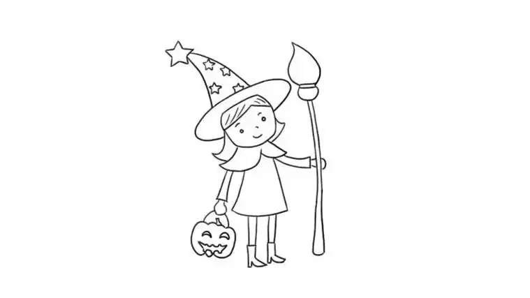 小女巫骑扫帚的简笔画彩色可爱老巫婆简笔画步骤骑着扫帚的老巫婆魔法