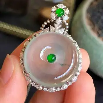 天然缅甸老坑a货冰种白底平安扣18k金镶嵌翡翠吊坠挂件女士