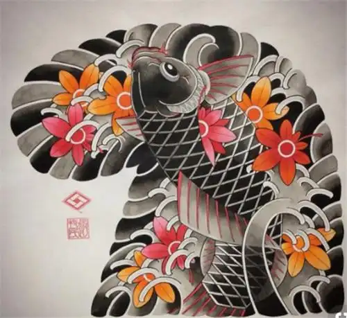 老传统半甲鲤鱼纹身手稿图案