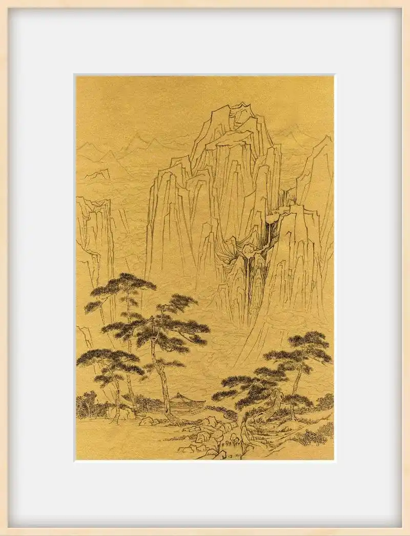 早[合十]  《山水画线稿》 泥金纸本69x46㎝ - 抖音