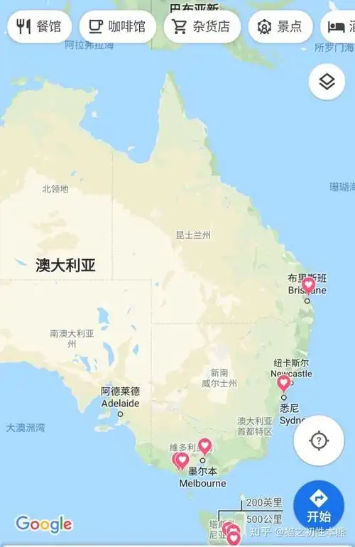 谷歌地图,可以看到墨尔本悉尼布里斯班等大城市位置