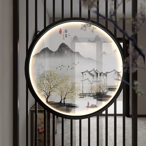新中式隔断面纱双面玄关挂画山水禅意屏风装饰画现代装饰画