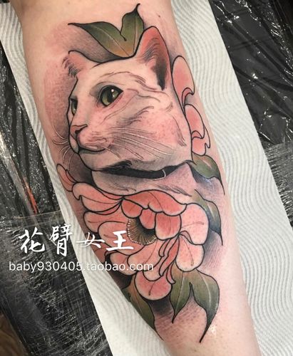 花臂少女tattoo d100 x200 彩色花朵猫咪半臂纹身贴 满20元包邮